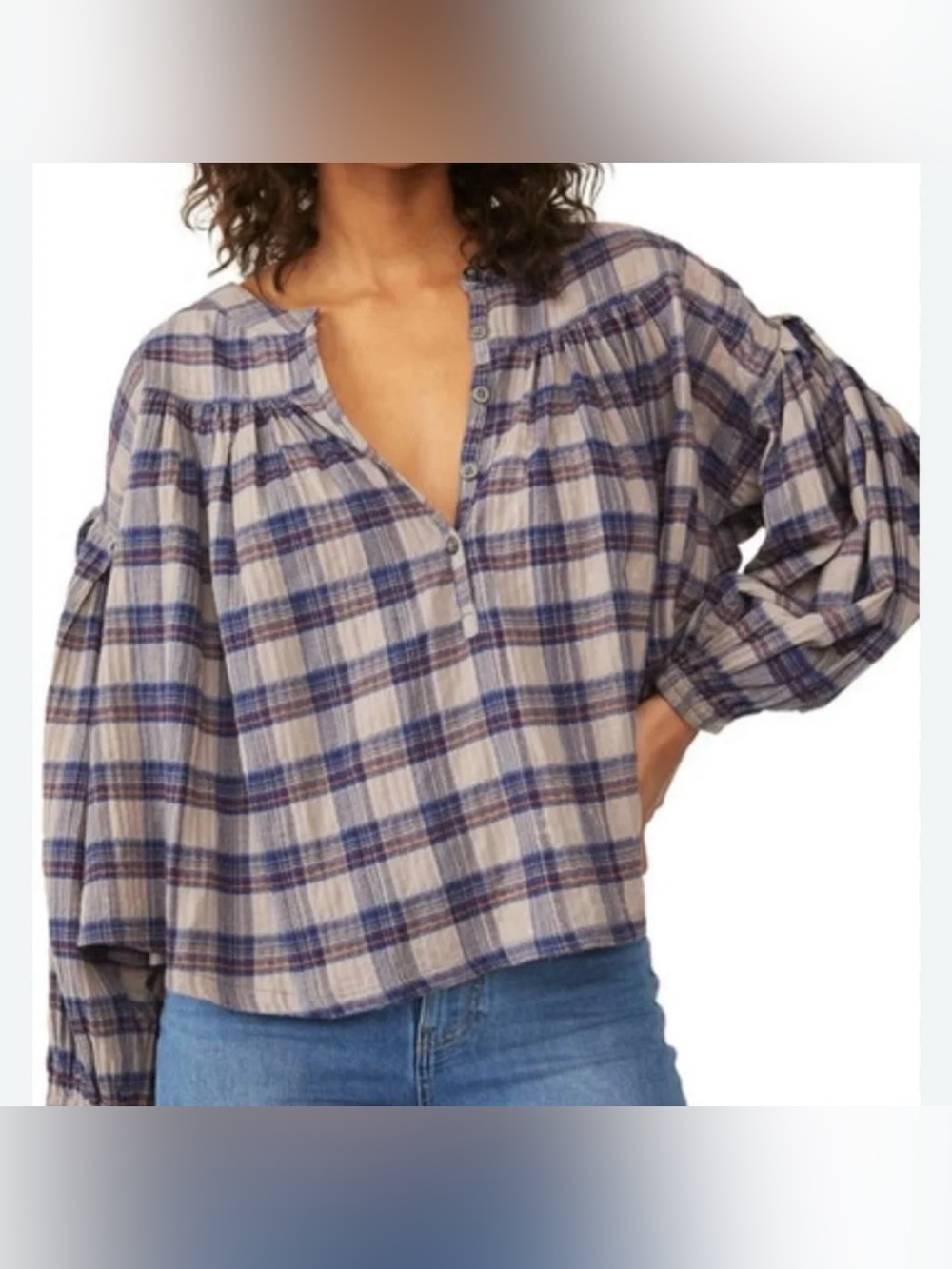 Free People We The Free Jessi Plaid Balloon Sleeve Top Blue XS oversized
